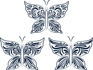 Set Butterflies Black Contours with a Floral Pattern on White Background. Vector