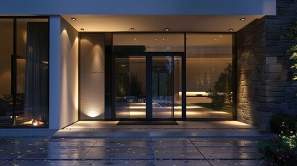 Glass front door that lets in a lot of light with side lighting and a dark wall section in a modern style - obrazy, fototapety, plakaty