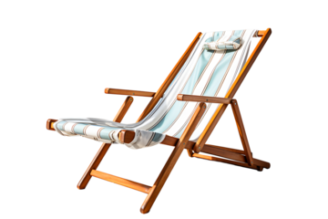 Striped blue deck chair or beach chair isolated on cut out PNG or transparent background.Used for sitting or lying down to relax at various tourist attractions. Realistic clipart template pattern.