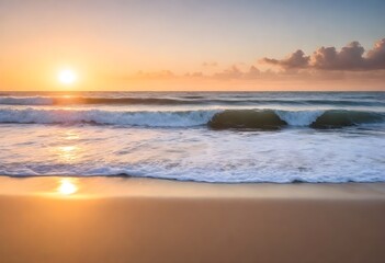 Obraz premium Sunrise over the ocean with waves crashing onto the beach