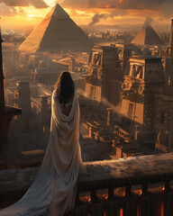 A serene white priestess stands overlooking an ancient Egyptian cityscape at sunset. The majestic pyramids anchor the horizon
