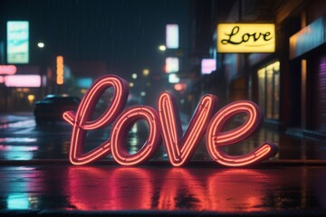 Fototapeta na wymiar Slogan love neon light sign text effect on a rainy night street, horizontal composition