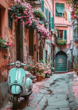 Retro-style Italian legendary scooter in rests on narrow old town center street covered flowers petals, awaiting its owner. An immortal classic, image embodies fashion, travel, and transport concepts.