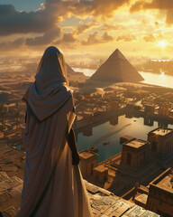 A serene white priestess stands overlooking an ancient Egyptian cityscape at sunset. The majestic pyramids anchor the horizon - obrazy, fototapety, plakaty