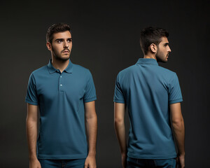 Front and back views of a man wearing a blue polo shirt mockup template