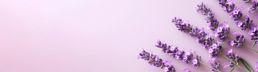 Close up of bouquet of violet purple lavendula lavender branches ( Lavandula angustifolia ) flowers herbs, isolated on purple paper texture table background banner panorama, top view - obrazy, fototapety, plakaty