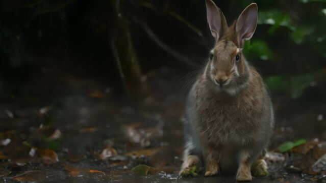 Rabbit wet from rain in the forest. 4k video