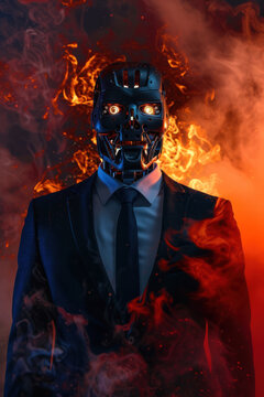 A strikingly sharp image of a robot head on a human suit amidst contrasting red and blue smoke