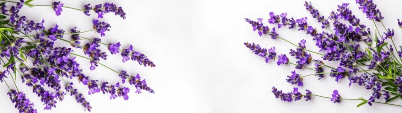 Close up of bouquet of violet purple lavendula lavender branches ( Lavandula angustifolia ) flowers herbs, isolated white paper texture table background banner panorama, top view