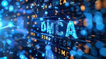 blue matrix binary code forms the acronym DMCA , symbolizing the concept of Digital Millennium Copyright Act.