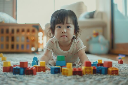 Smiling Toddler Girl Playing With Building Blocks on a Cozy Indoor Rug