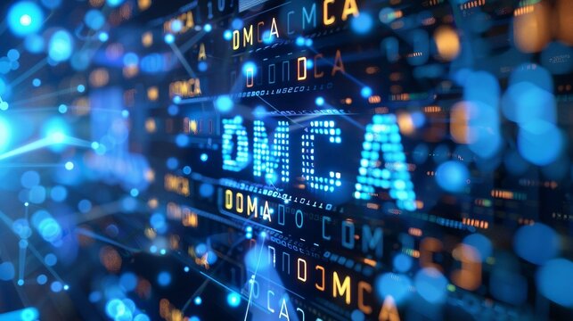 blue matrix binary code forms the acronym DMCA , symbolizing the concept of Digital Millennium Copyright Act.