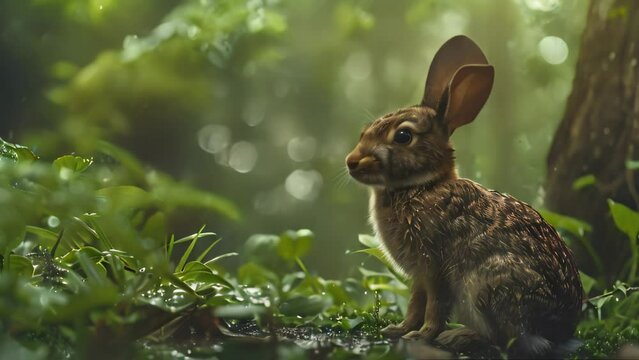 Rabbit wet from rain in the forest. 4k video