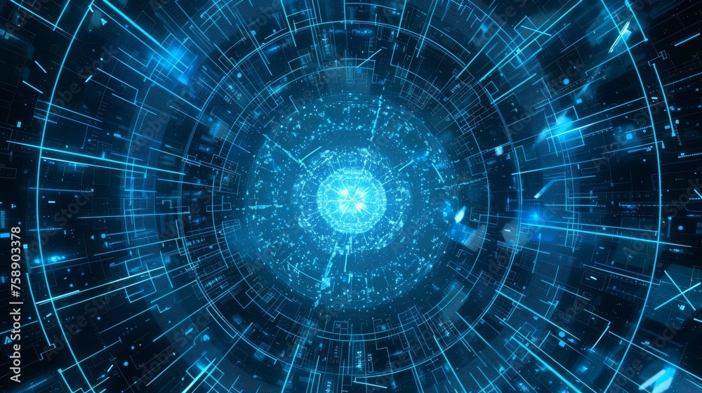 Wall mural cyber geometric abstract background with electric blue and digital grid patterns for a cybernetic th