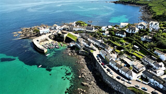An aerial view of Coverack from above, taken with a drone