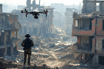 Drone equipped with camera flies over devastated urban landscape, with smoke rising from collapsed buildings. Military man stands and looks at the destruction.  - obrazy, fototapety, plakaty