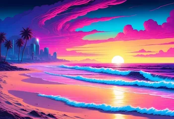 Rolgordijnen Sunset on a beach with pink and purple sky, reflective water © sanart design