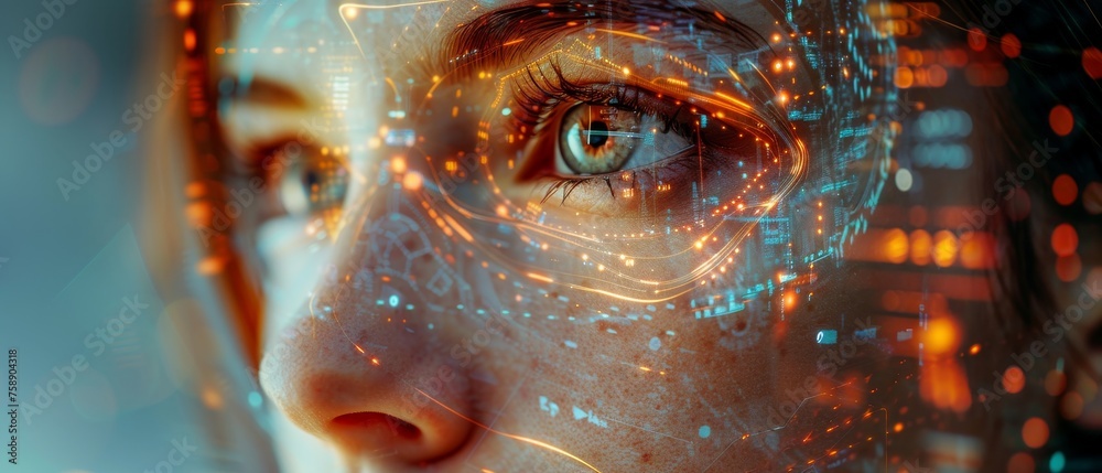 Aufkleber Angular cyborg or robot woman working on 3D holographic interface. Robotic lady with beautiful face, pressing a button with a cybernatic hand. Concept of anthropomorphic artificial intelligence.