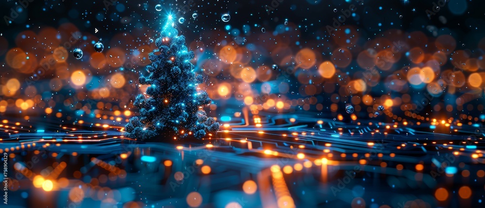 Fototapete In the style of new technology, this template is of a Christmas tree in the 2023 year on a printed circuit board with some snow falling. Electronic pulses and signals are used to create the