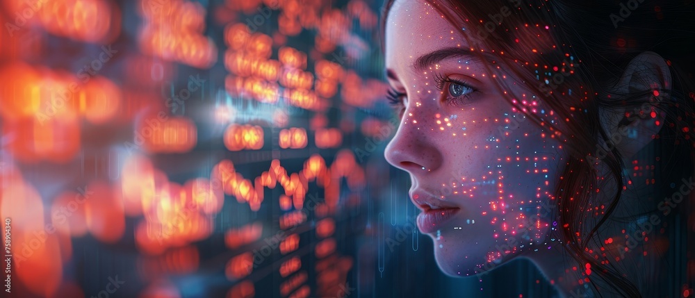 Aufkleber Fintech, AI in business. Robot trading works on stock exchanges. Artificial intelligence analyses trading charts and digital data.