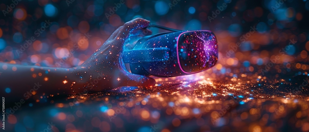Leinwandbilder A VR or AR abstract interface in the hand of a user in a virtual reality simulation. A user interacts with data infographics in augmented reality.