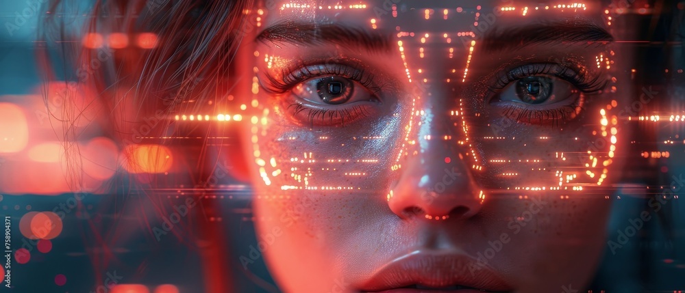 Fototapete Computer abstract background with neon square frame and AI face. 3D geometric shapes in cyberspace. Artificial intelligence head. Abstract digital computer banner.