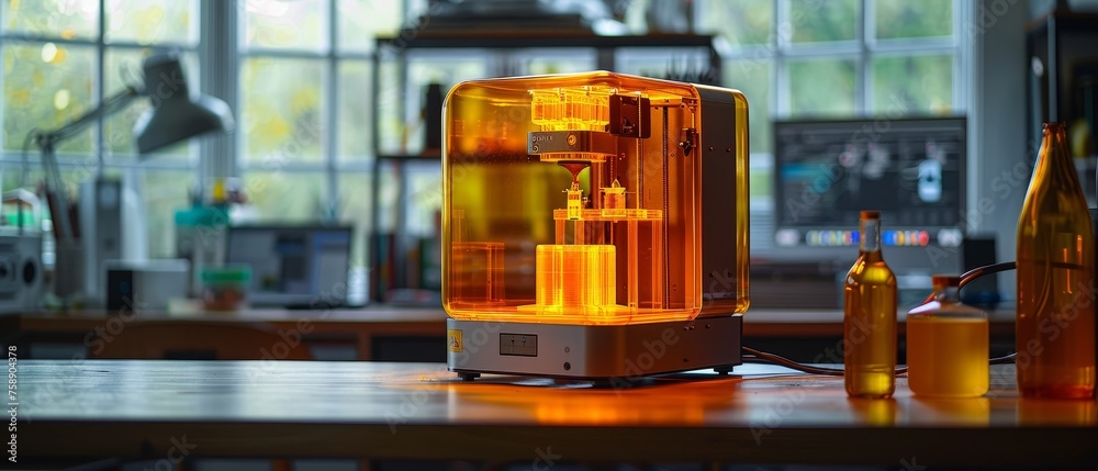 Leinwandbilder on the desk of an engineer is a 3d printer printed with a plastic 3d model. bottles of polymer resin