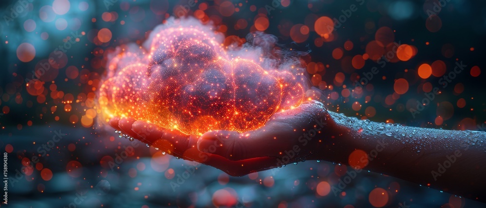 Poster concept of digital technology network. cloud icon over hand in neon lights. digital rain comes from 