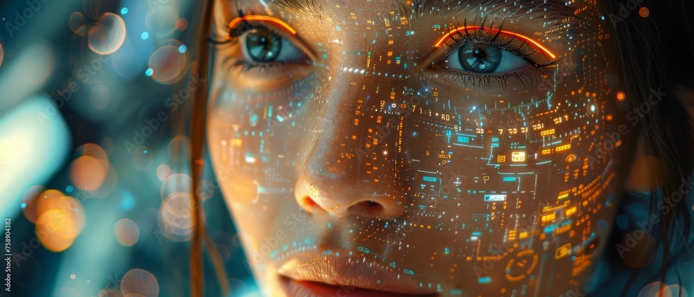 Poster An artificial intelligence in image-wise face on a screen hanging phone. AI in artificial neural networks. An artificial networking chatbot on a mobile phone. A robot head analyzing data.