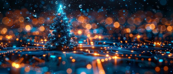 In the style of new technology, this template is of a Christmas tree in the 2023 year on a printed circuit board with some snow falling. Electronic pulses and signals are used to create the - obrazy, fototapety, plakaty