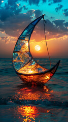 Dhow made of mosaic painted glass floating of the beach, Ramadan vibes , full moon floating on water
