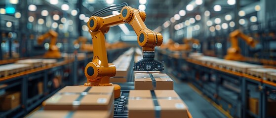 Work on smart warehouse. Robot arm places boxes on pallets. Automation logistics on smart stock storage. Industry robot with AI on factory floor. Technologies business concept.