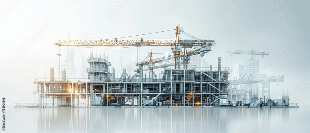 Aufkleber Building site with building equipment isolated on white background. Construction site with working tower cranes in the city. Abstract polygonal concept of construction.  sketch illustration.