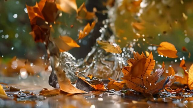 splashing water on leaves in water. 4k video