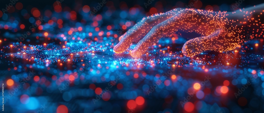 Poster Concept of digital cyber era technology, with a hand touching interconnected polygons glowing on a dark blue background. New innovations are coming to transform everything.