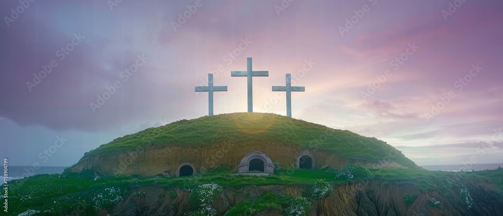 Wall mural concept of the resurrection - empty tomb with three crosses on a hill in sunrise