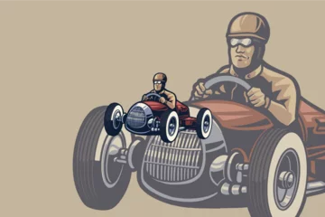Afwasbaar Fotobehang Auto cartoon A vintage classic car logo with a driver wearing a helmet and dressed in retro clothing, creates a nostalgic and elegant feel in a timeless design.
