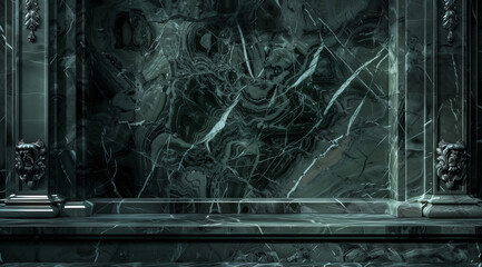 a sleek marble display with intricate white veining, set in a moody dark room
