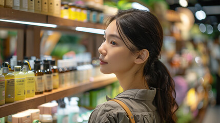 Young woman browsing products on a store shelf.