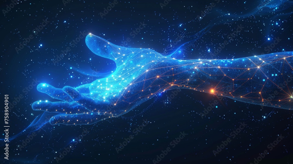 Poster An arm and hand robot with touch technology. Low polygonal abstract illustration of a starry sky.  image in RGB color mode.