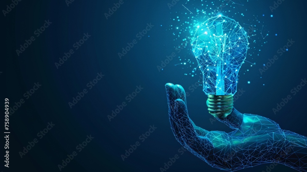 Sticker An abstract hand holds a light bulb on a low poly design. A geometric blue background provides the right background for the wireframe light connection structure. A modern 3D graphic concept using a