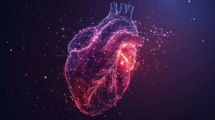  isolated heart with pain center using low poly wireframes and points. 3D white human organ on black background. Medicine concept using geometry triangles. Abstract heart pain origami design. - obrazy, fototapety, plakaty