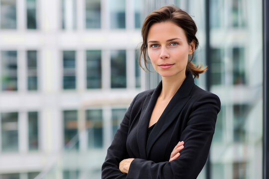 Confident Businesswoman Posing in Corporate Environment: Professional and Empowered

Description