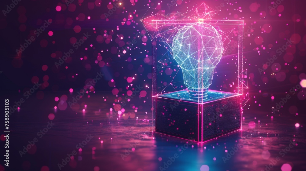 Poster A simple abstract box with a light bulb. Think outside the box. Geometric background with wireframe light connections. Modern 3d graphic concept. Isolated  illustration.