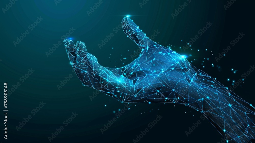 Poster an abstract hand gives a gift. design concept in low poly. blue geometric background. wireframe ligh