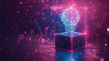 A simple abstract box with a light bulb. Think outside the box. Geometric background with wireframe light connections. Modern 3d graphic concept. Isolated  illustration. - obrazy, fototapety, plakaty