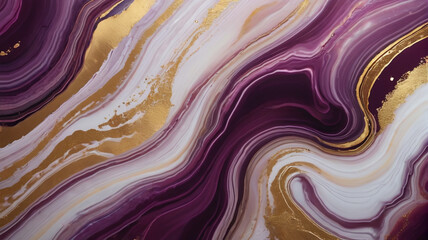 Liquid marble in purple and gold colors as a background. Generative AI.

