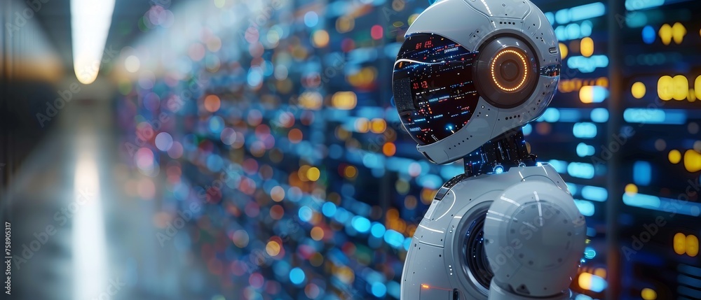 Poster Data analysts using artificial intelligence and chatbots to analyze data, use robots and artificial intelligence as a tool for their work.