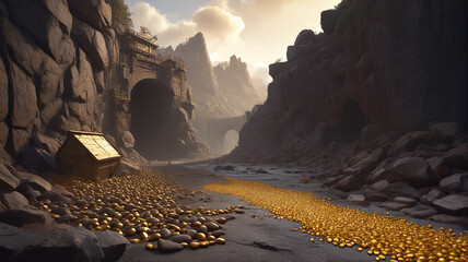 Entrance to a gold mine with a large pile of gold coins in front. Generative AI.

 - obrazy, fototapety, plakaty
