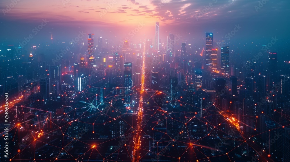 Aufkleber smart city and iot concept with wide image for banner advertisement. digital transformation.